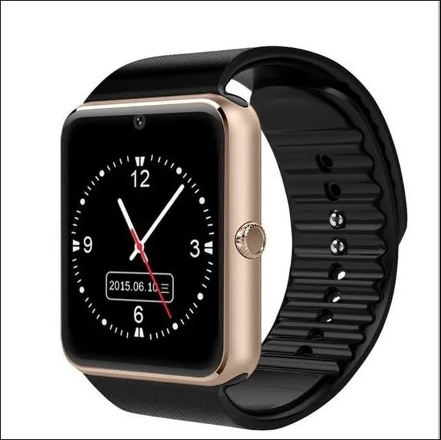 Black smart watch with 1.54 inch touchscreen and silicone strap on a wrist.