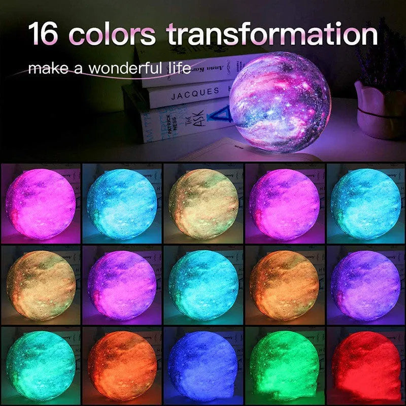 3D printing moon lamp with remote control showing 16 colours and PVC shade, available in 12cm to 20cm sizes