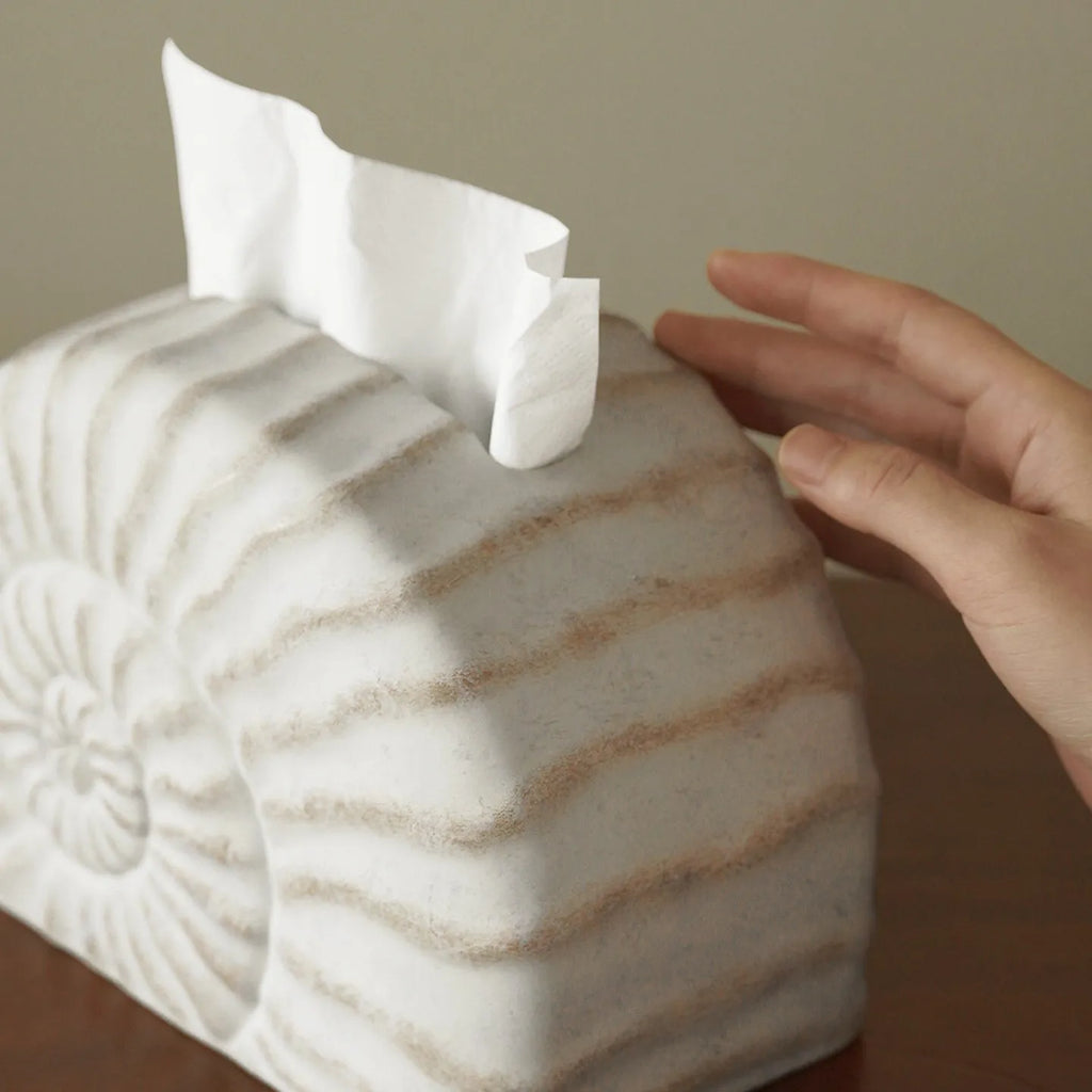 A modern conch ramble coloured resin tissue box for home or office desk organisation.