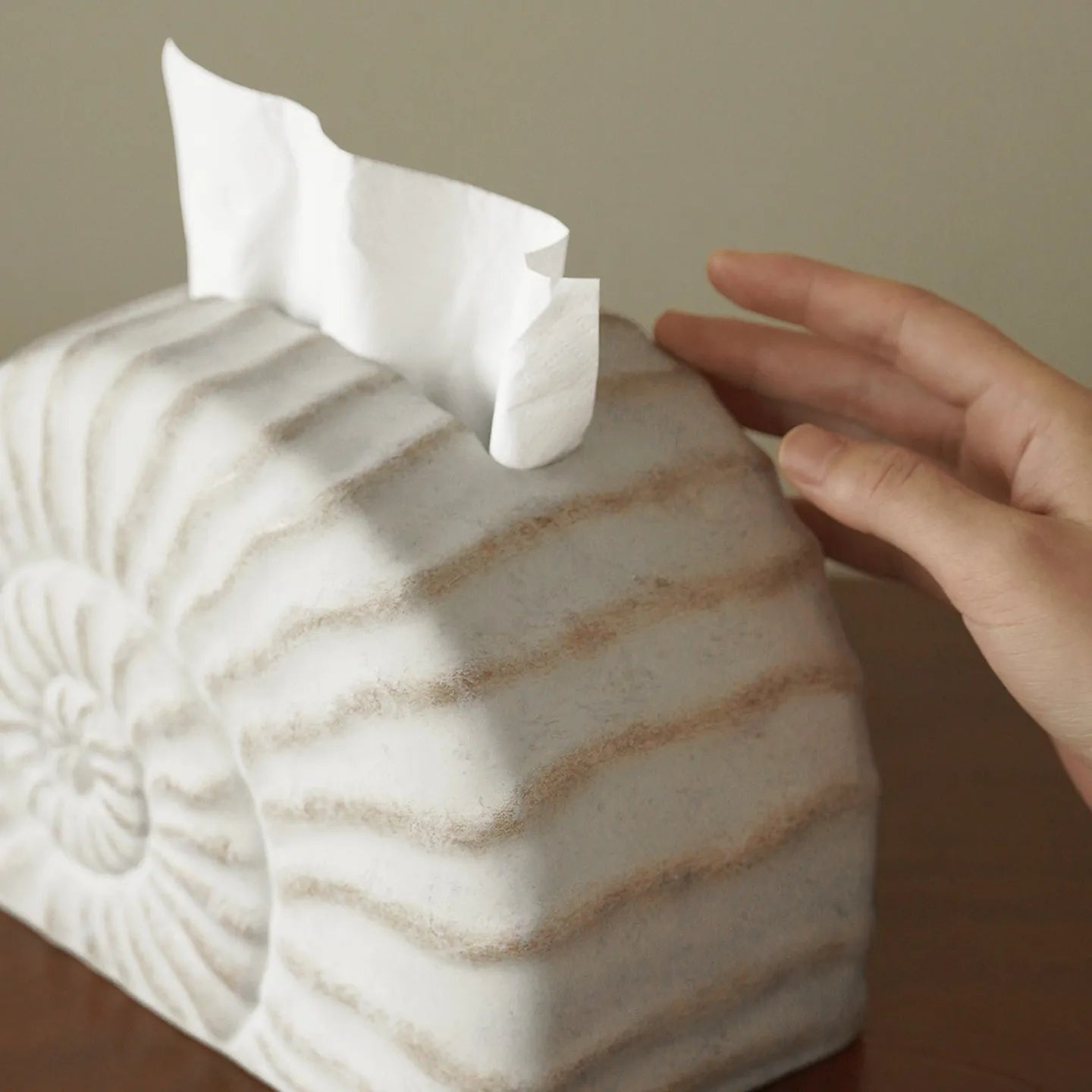 A modern conch ramble coloured resin tissue box for home or office desk organisation.