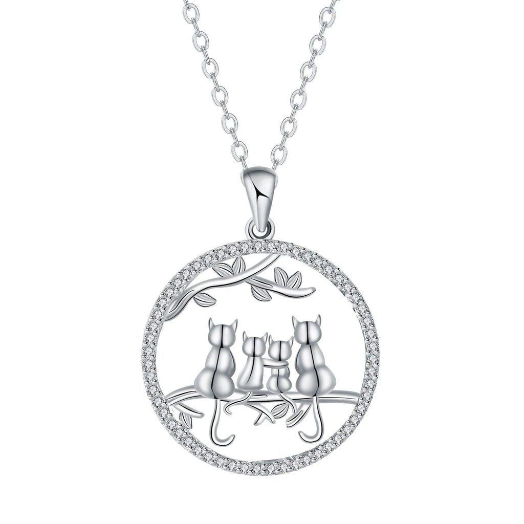 Four kitten pendant necklace for women with copper chain and electroplated finish