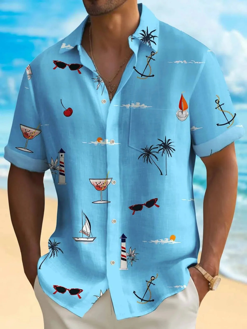Man wearing a loose-fit, short-sleeve Hawaiian shirt with a colourful digital printed tropical pattern.