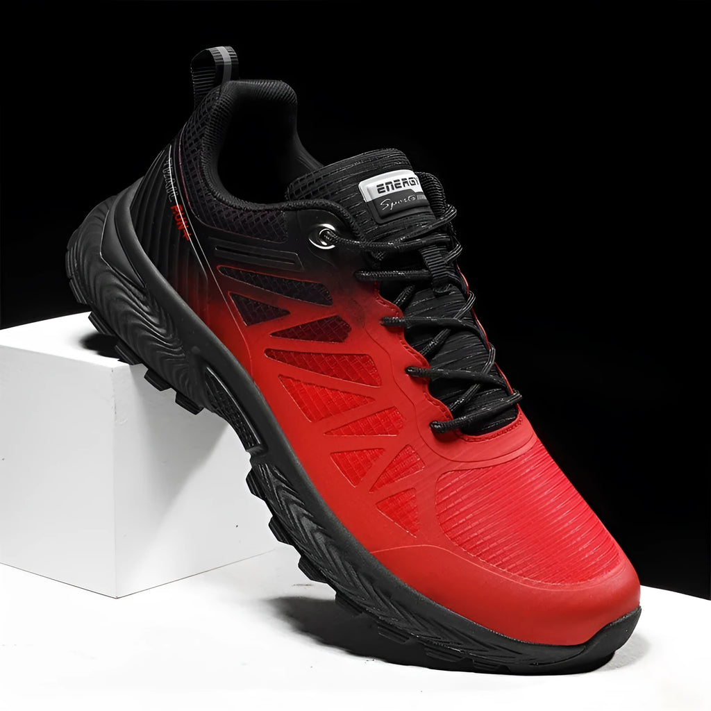 Men's black breathable mesh running shoes with lace-up front and rubber sole, shown on a white background.