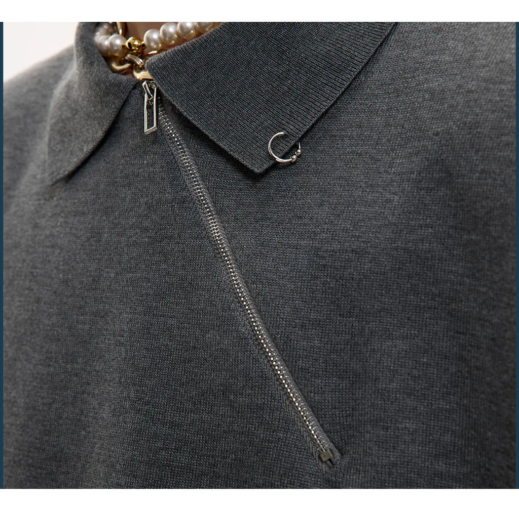 Men's ice-feeling slim-fit knitted polo shirt with oblique zipper closure in solid colour