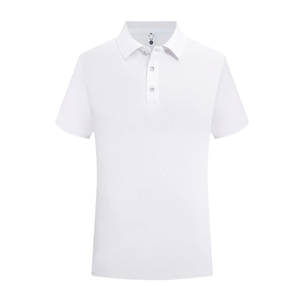 Men's short-sleeved cotton work shirt on a hanger, straight pullover style for embroidery.