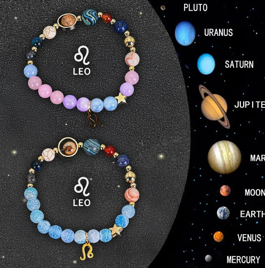 Set of two natural stone beaded bracelets for zodiac signs on adjustable elastic strings.