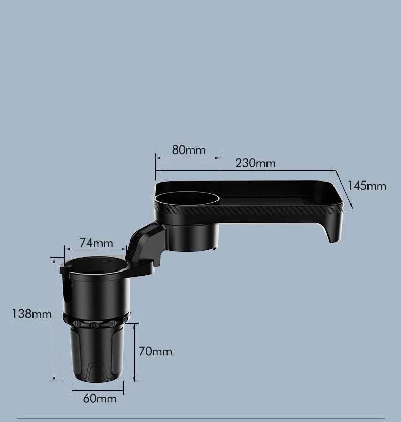 Black car cup holder dinner tray with 360-degree rotating base and adjustable plate positions