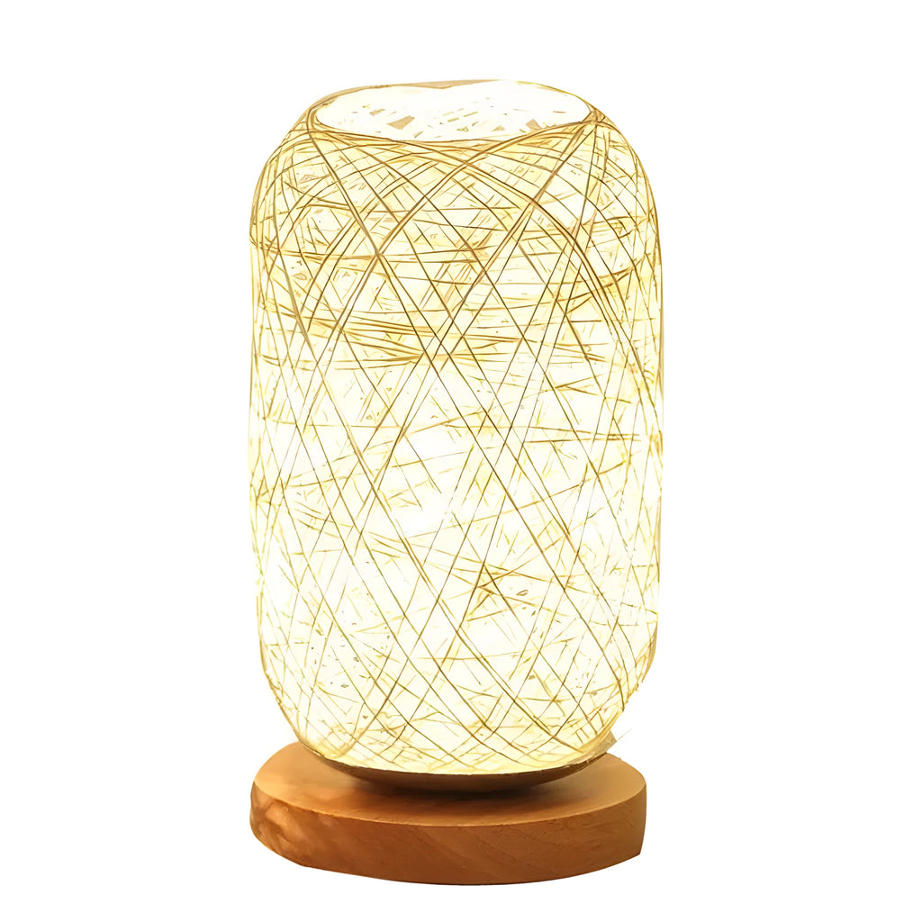Brown twine Sepak Takraw patterned desk lamp with hemp rope weaving and wooden base