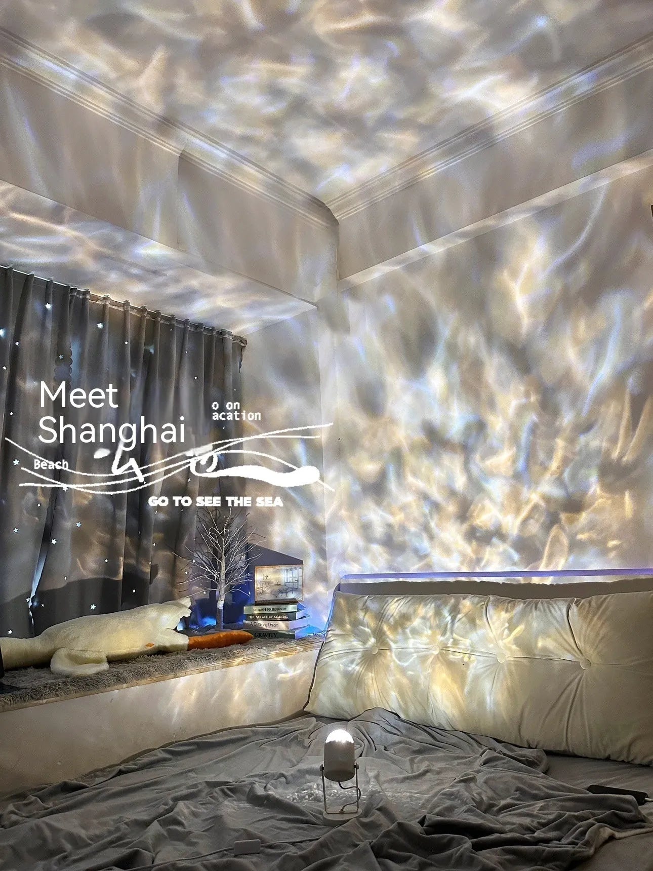 Dynamic water ripple ambience table lamp with light projection for ceiling or desktop use