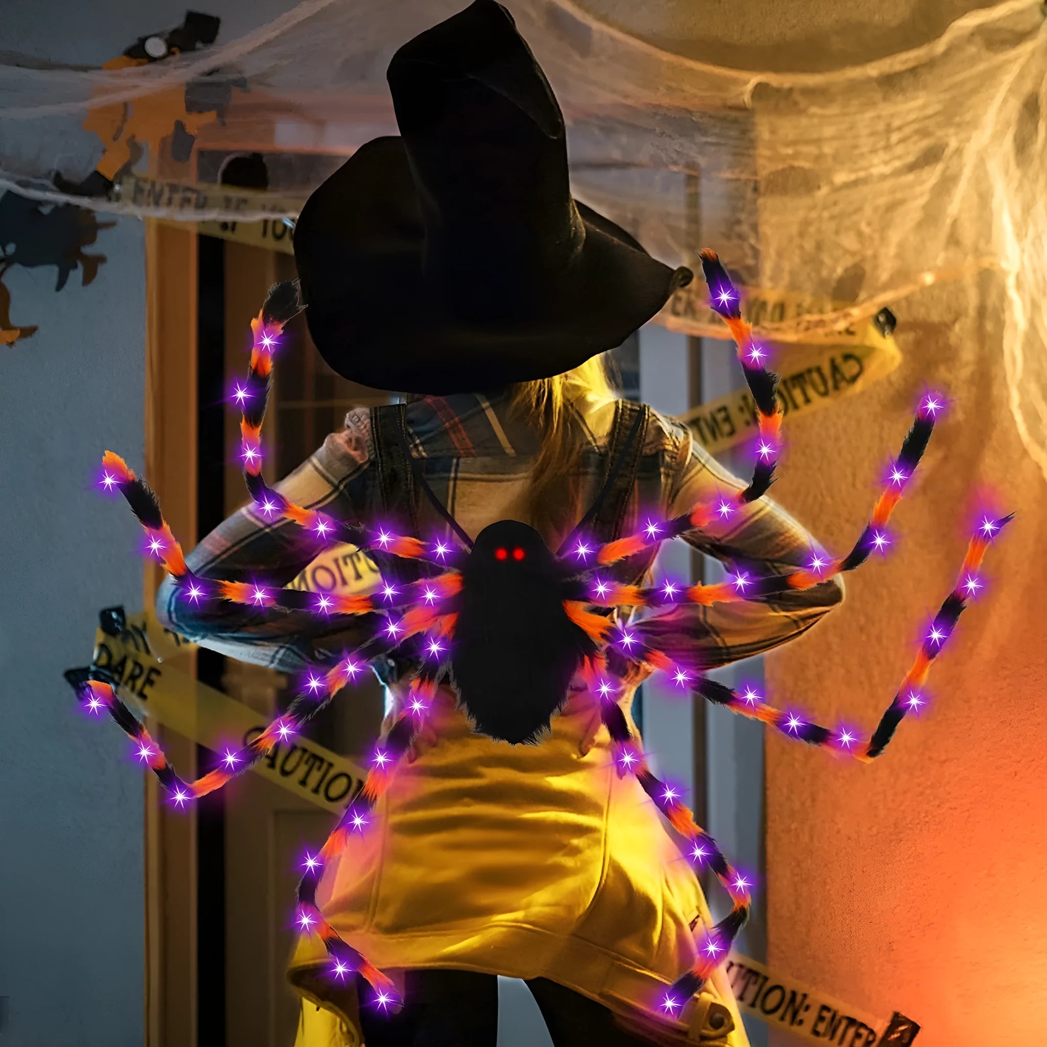Halloween spider backpack with LED lights in plush sugar bag design showing orange colour option