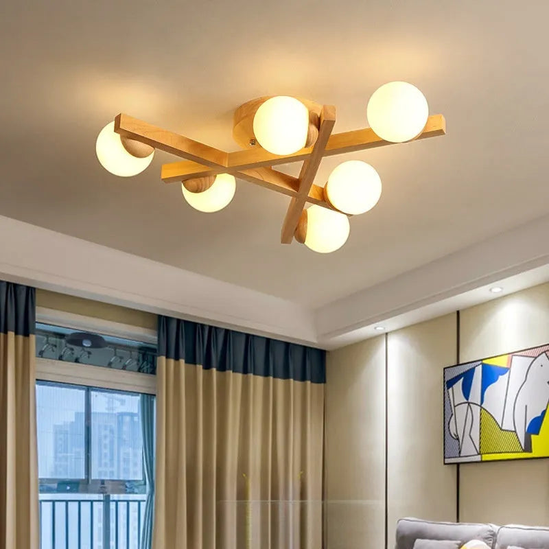 Wooden style modern ceiling lamp with three light heads in Nordic design for living rooms