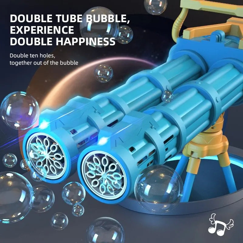 Super big double-tube bubble gun machine in pink with colourful lights for outdoor play