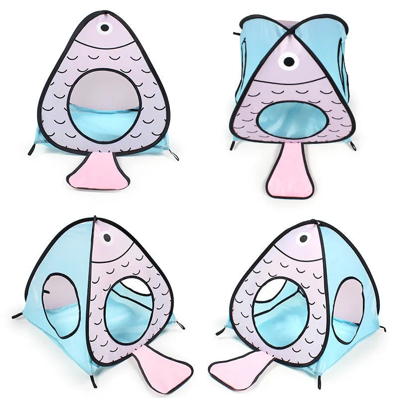 Foldable cat tent tunnel with fish pattern fabric collapsed for storage