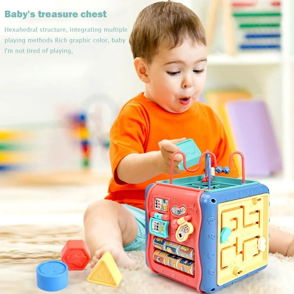 Baby educational hexahedron cube with six activity sides including bead maze and clock