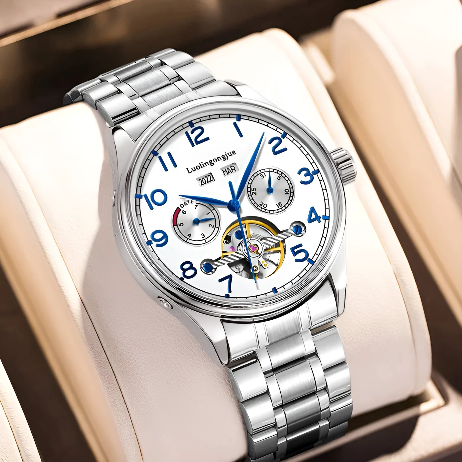 Business men's mechanical watch with hollow dial, stainless steel case, and leather strap