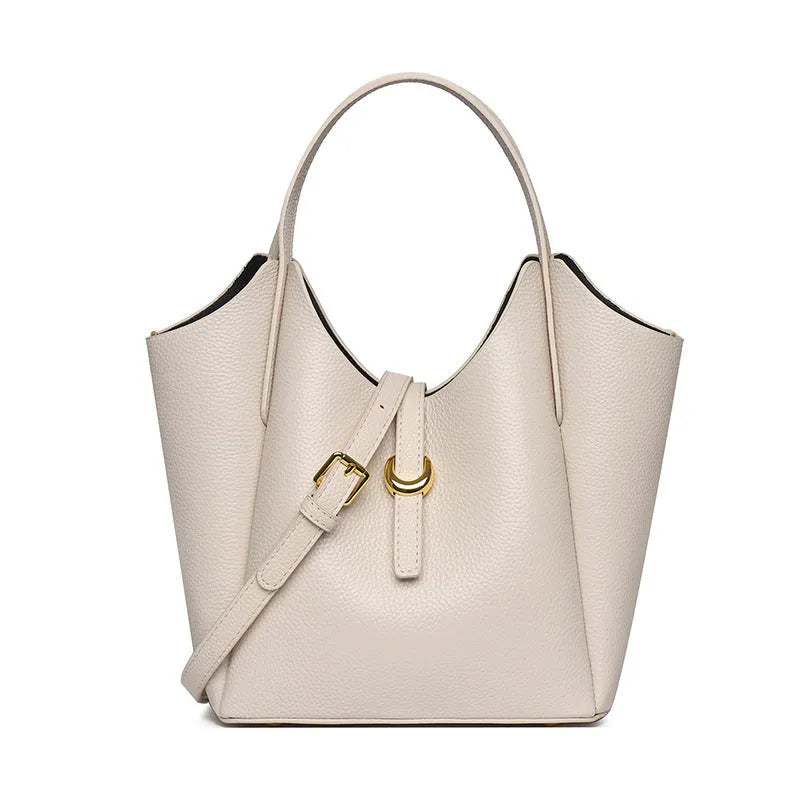 Genuine leather women's bucket handbag in retro style with large capacity and organisational features
