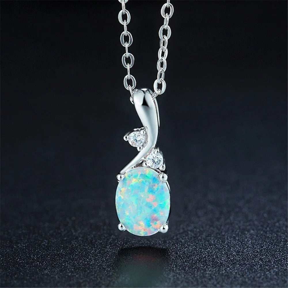 Water drop opal pendant necklace with adjustable chain in white or rose gold finish