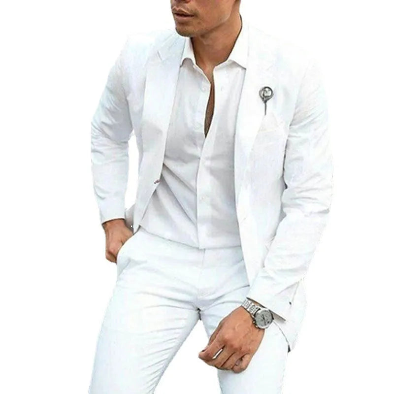 White slim fit two-piece men's cotton suit for wedding groomsmen, available in sizes XS to 5XL
