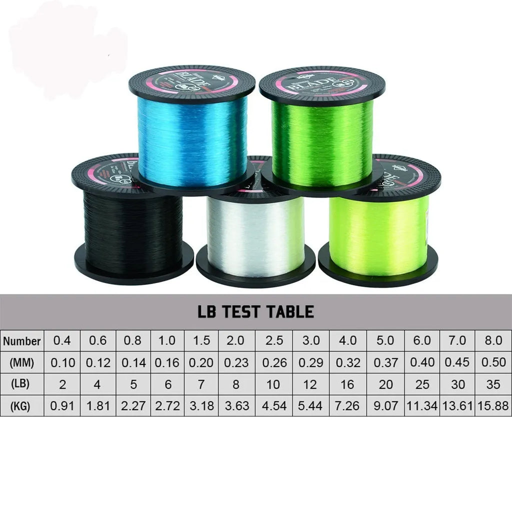 Roll of Seaknight 1000 M nylon monofilament fishing line showing colour and diameter size options.