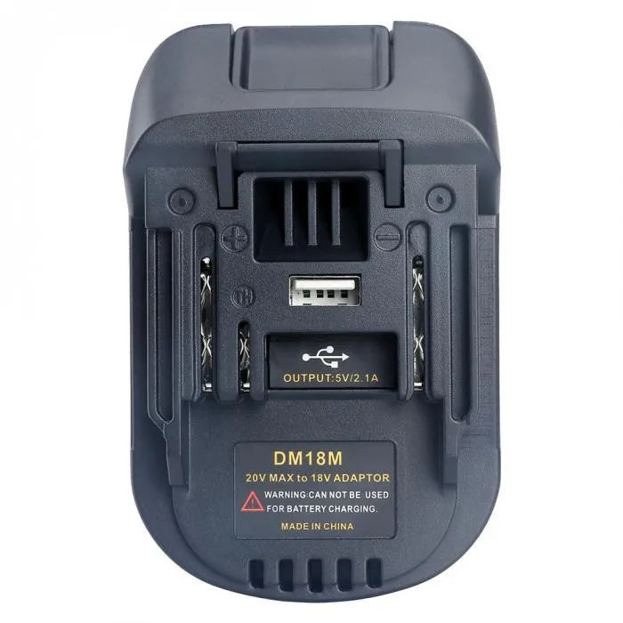 Black battery adapter converting Milwaukee DM18M to Makita H99F tools, 125x90x65mm