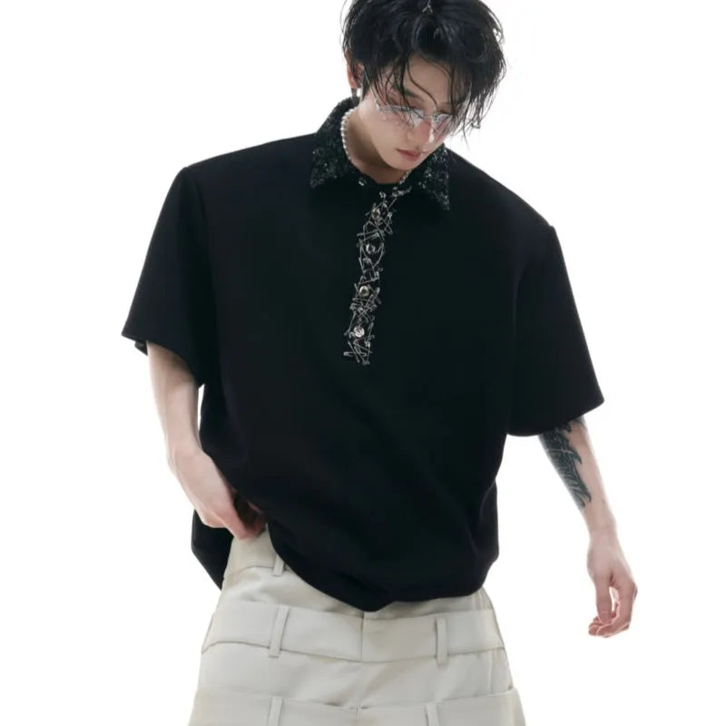 Men's black loose fit square collar polo shirt with embroidered sequin pattern and short sleeves