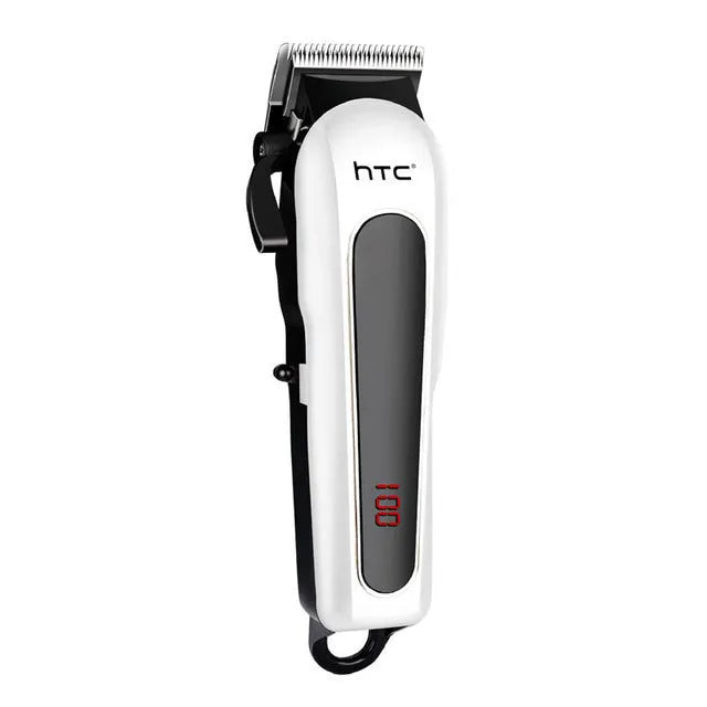 Professional digital hair clipper in black, red, or white with 4 limiting combs, charger, and cleaning tools.