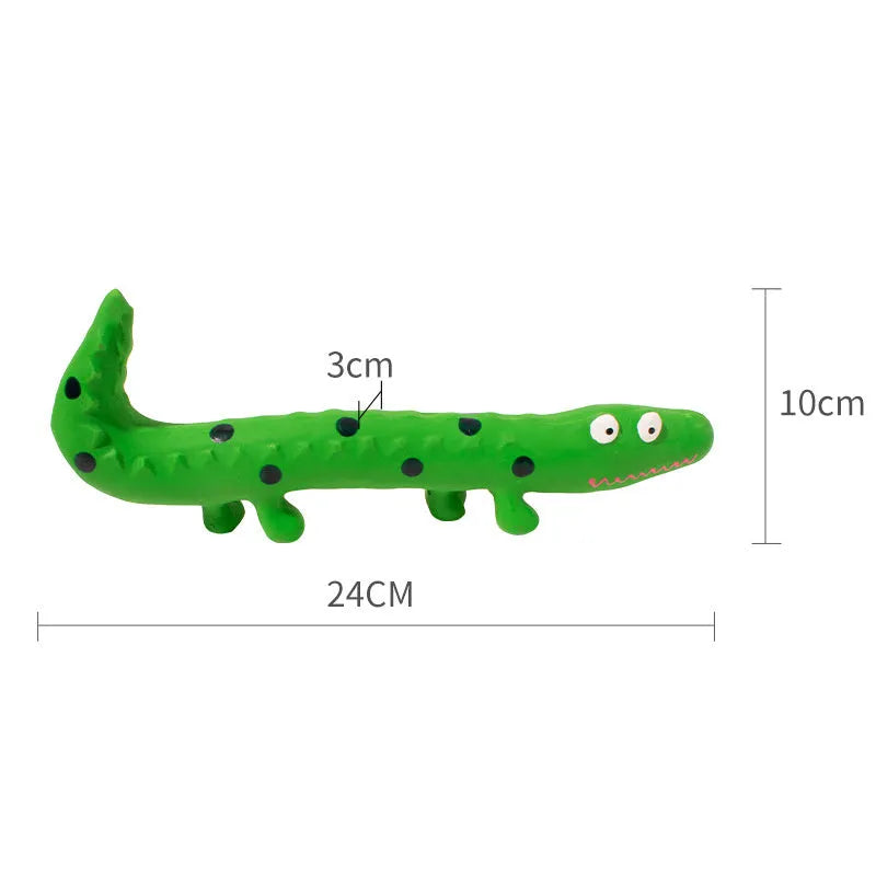 Green lizard-shaped latex dog chew toy with squeaker for aggressive chewing dogs