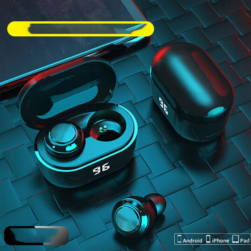 Black stereo Bluetooth headset with earplug design featuring Bluetooth 5.0 and 10-metre wireless range