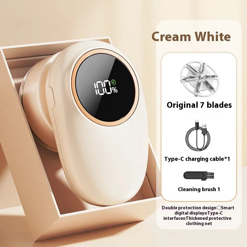 USB rechargeable fur ball trimmer with digital display, shown in beige and purple colour options with multiple cutter head configurations.