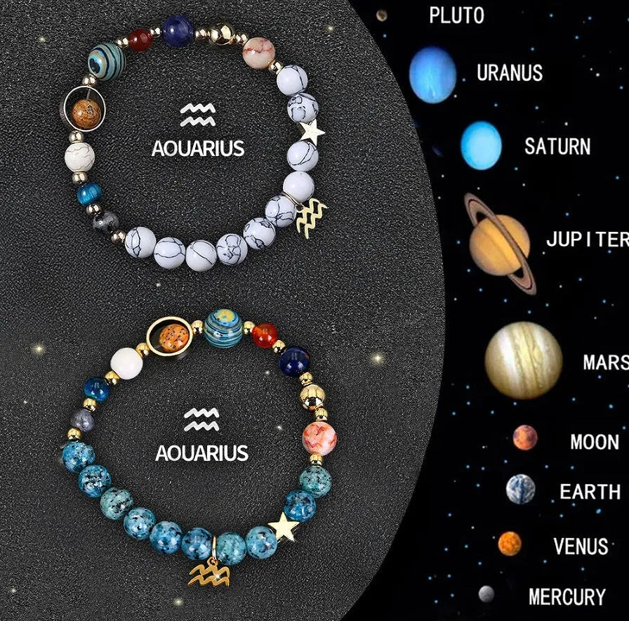 Twelve zodiac sign bracelets with natural stone beads on elastic cords showing all astrology symbols