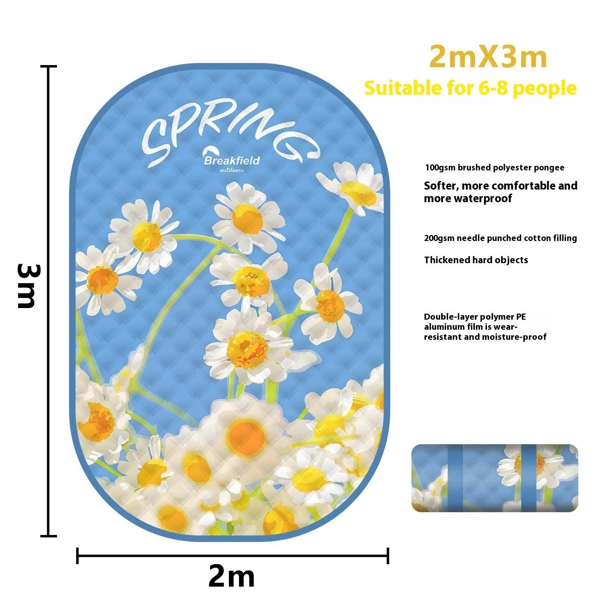 Waterproof thickened picnic mat in a Four Seasons colour, shown unrolled on grass.