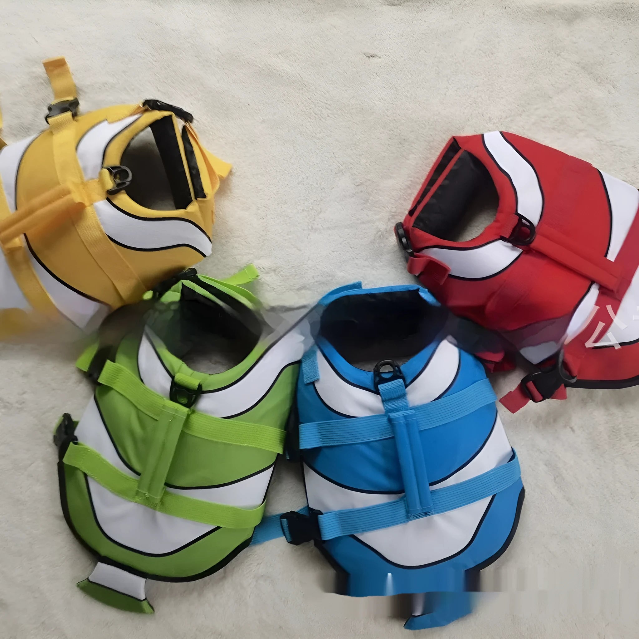 Striped pet life jacket in polyester, unisex, available in red and blue, sizes XS to XXL