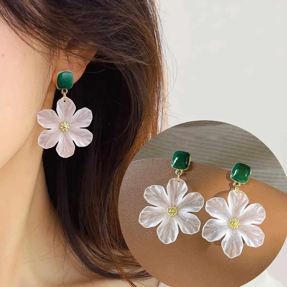 Dark green needle flowers sweet alloy earrings for women with floral dangle drop design