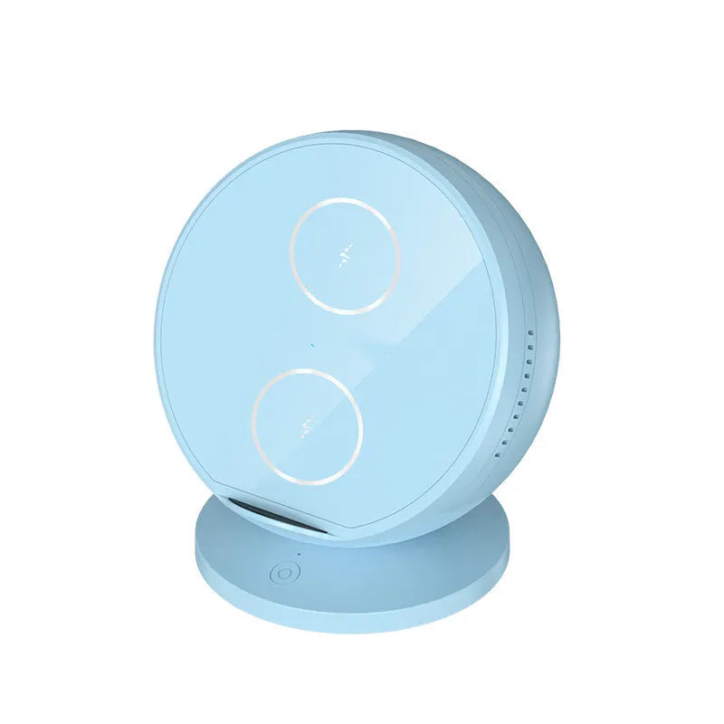Black mobile phone wireless charging holder with integrated Bluetooth speaker showing phone display angle