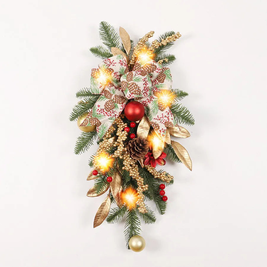 Plastic American country style Christmas garland with upside down ornaments, shown in stair wall hanging style.