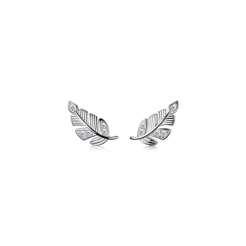 Copper willow leaf stud earrings with micro-inlaid leaf detail and geometric Mori style in rose gold and white gold colour