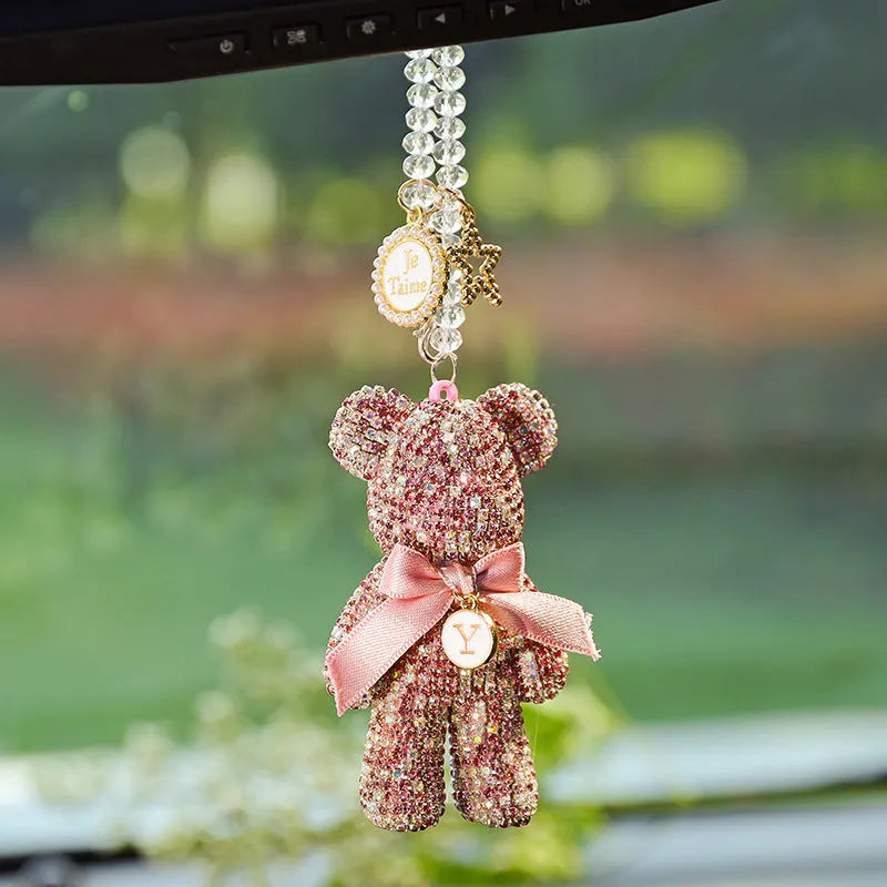 Violent Bear character car rearview mirror pendant with diamond-embedded rhinestones.