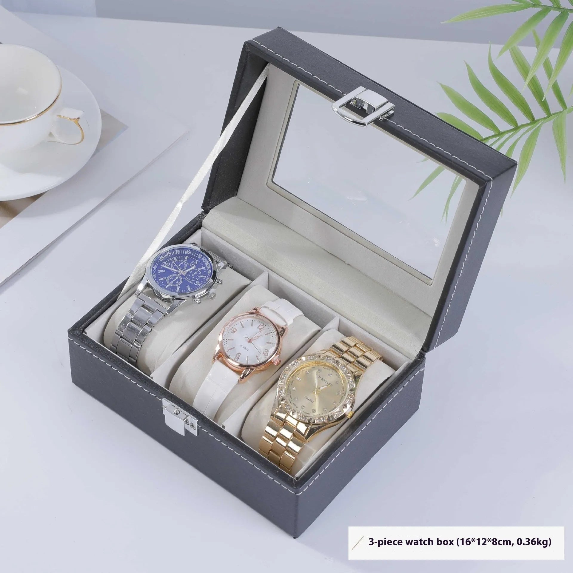 Grey high-grade leather watch storage box with clear dustproof lid showing multiple watch slots inside.