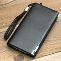 Men's long black PU leather zipper wallet showing full-length zipper and multifunctional compartments