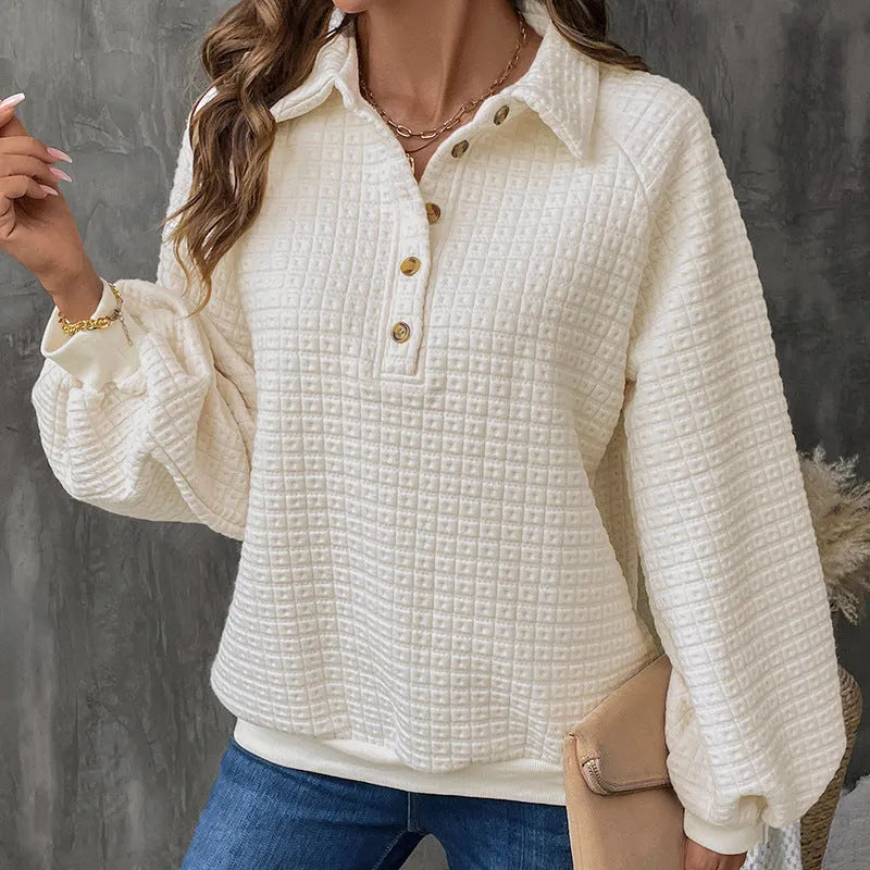 Women's beige texture polo collar solid colour pullover sweater on a hanger.