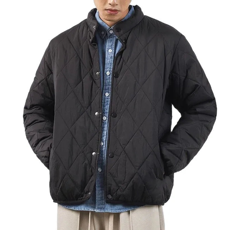 Men's black diamond pattern winter jacket with loose fit and elongated length