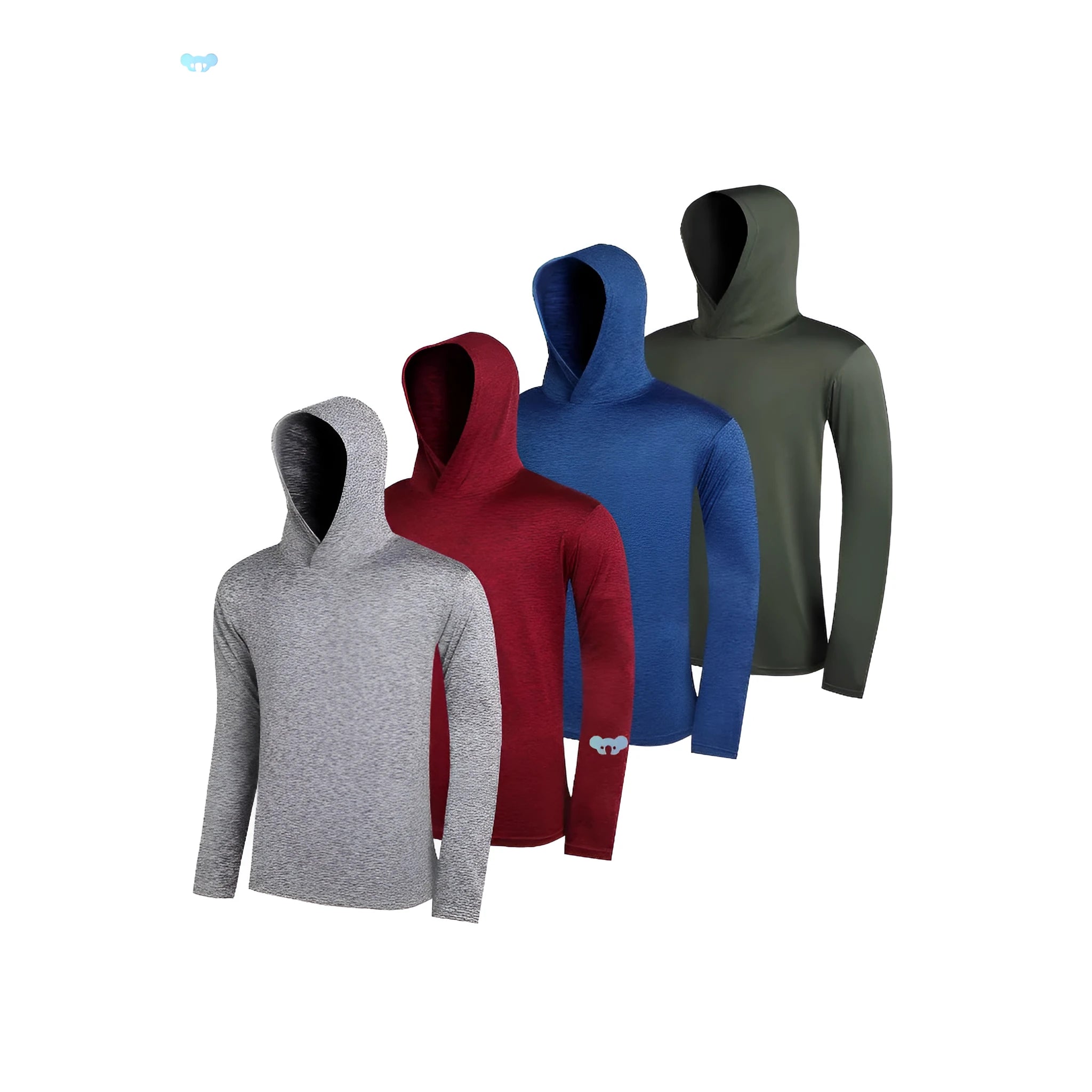 Four-pack of men's lightweight polyester hooded sweatshirts in various colours on hangers.