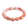 Natural cherry blossom agate barrel bead bracelet with 10mm by 14mm geometry design and ruyi element