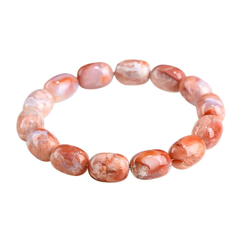Natural cherry blossom agate barrel bead bracelet with 10mm by 14mm geometry design and ruyi element
