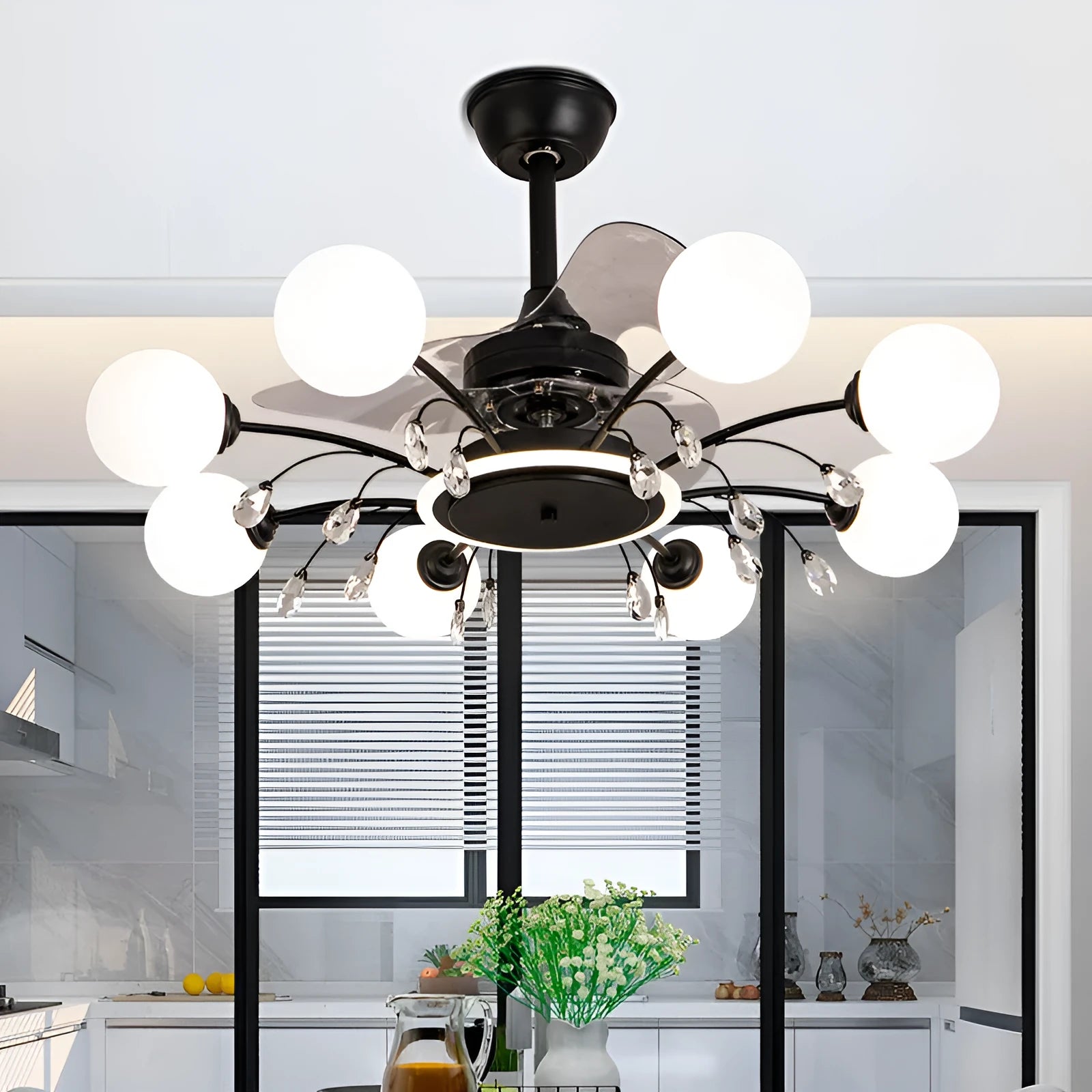 Modern black and gold ceiling fan chandelier with light bulbs and metal blades, remote control.