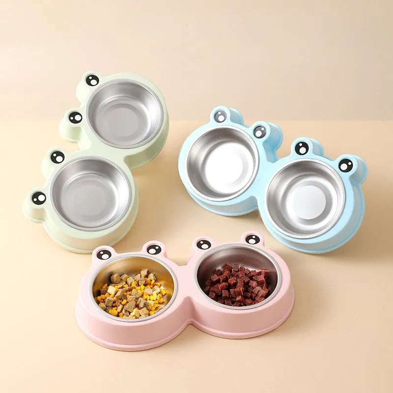 Stainless steel pet double bowl with frog water reservoir in blue, green or pink colours