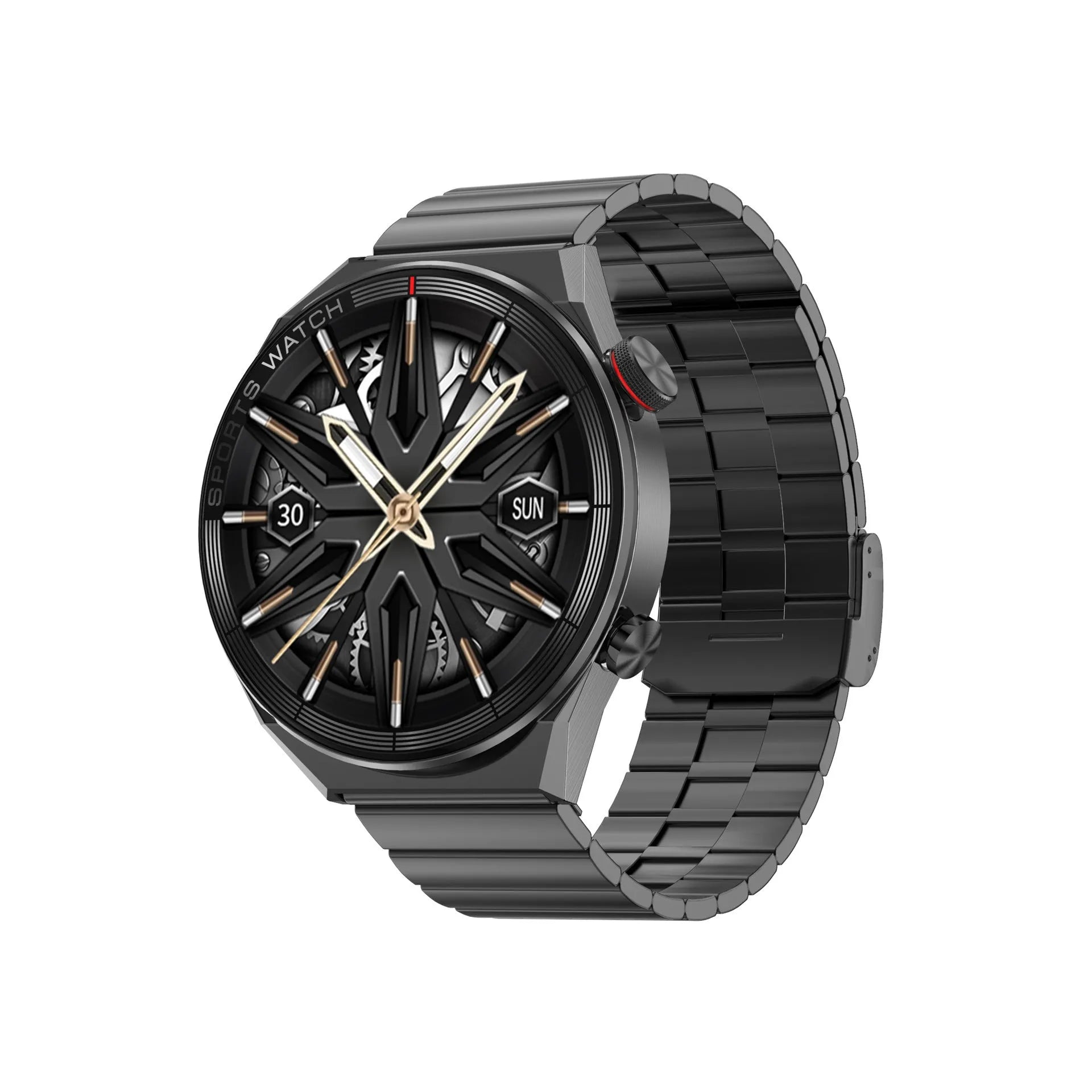 Black smart watch with large colour screen displaying time and notifications on a leather strap