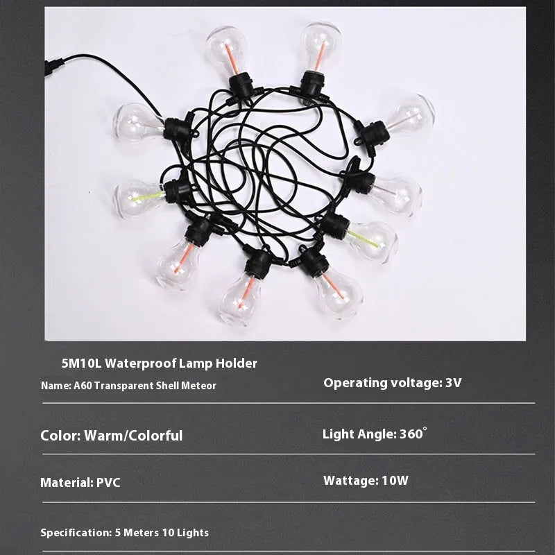 Waterproof outdoor string lights with 10 meteor-shaped bulbs on a 5-metre cable for wedding and garden decor.