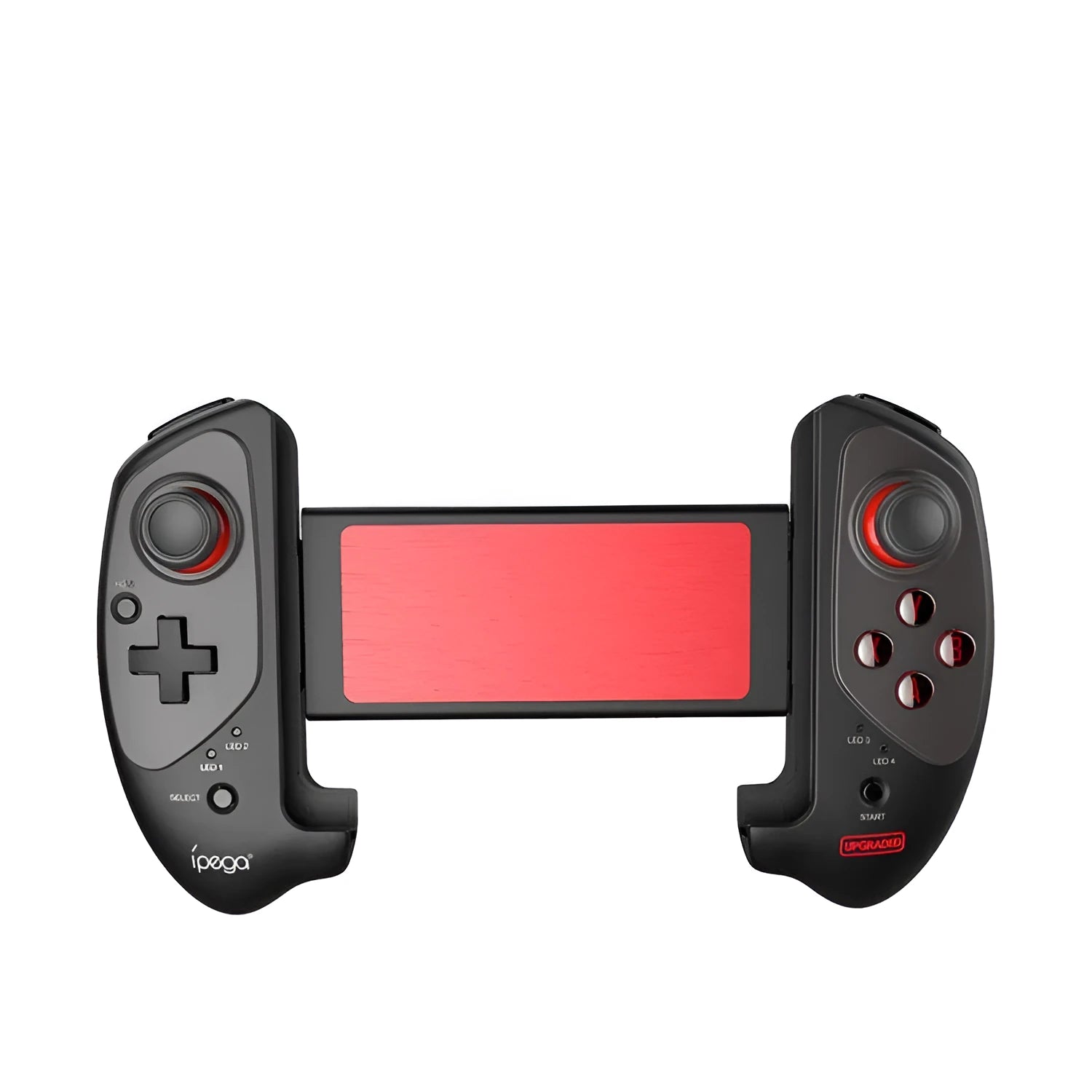 Red telescopic Bluetooth gamepad controller holding a smartphone, with a USB cable.