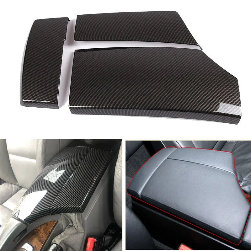 Three black ABS car armrest box covers with a shiny carbon fibre diagonal weave pattern.